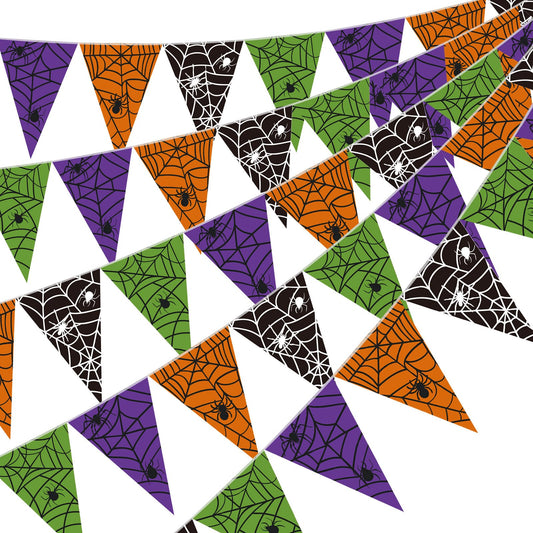 Jetec 5 Pieces 49 Feet Halloween Spider Web Pennant Banner Decorations Black Purple Orange and Green Spooky Spiderweb Triangle Flags Bunting Banners for Halloween Party Decor Indoor Outdoor Supplies