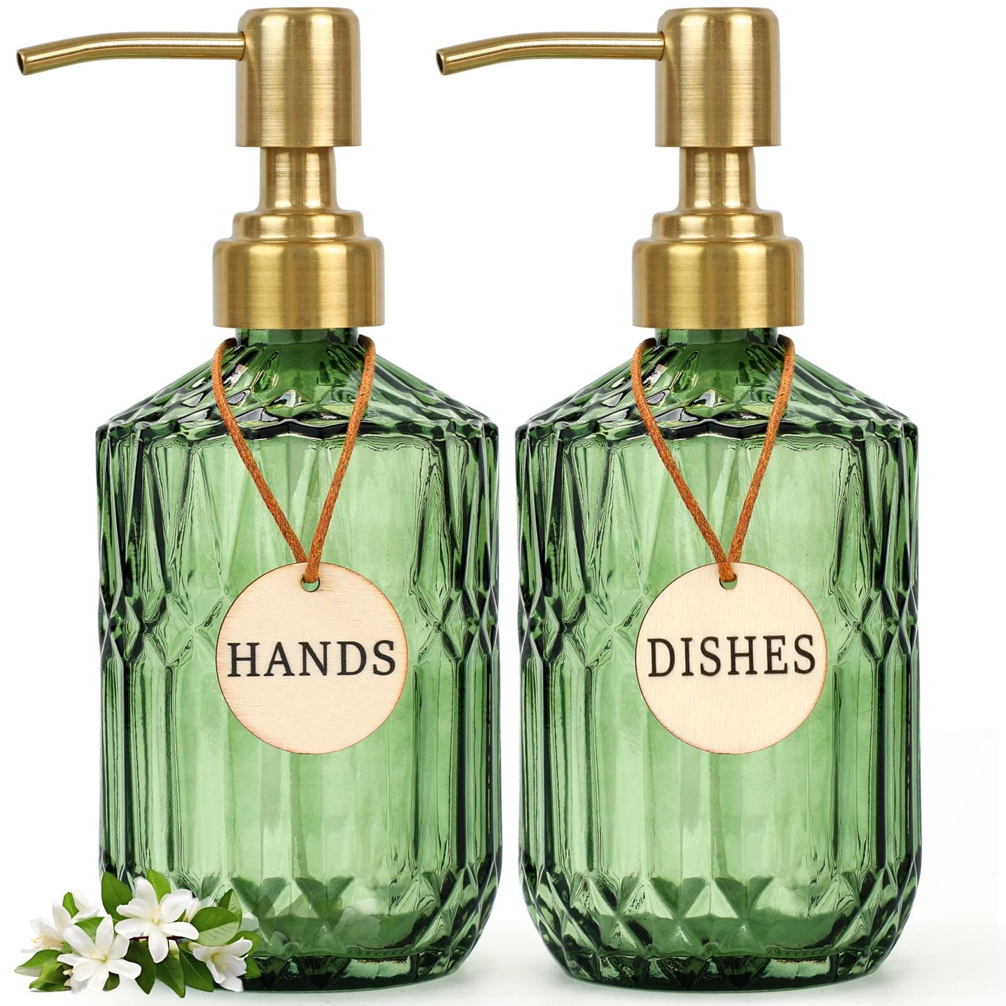 Ritrsvey Green Glass Soap Dispenser (15.4 Oz, 2 Pack), Kitchen Hand and Dish Soap Dispenser Set with Golden Rust Proof Pump, Vintage Bathroom Hand Soap Lotion Dispensers