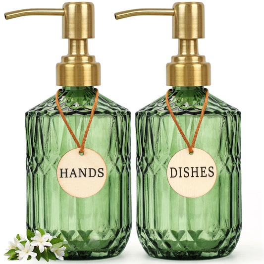 Ritrsvey Green Glass Soap Dispenser (15.4 Oz, 2 Pack), Kitchen Hand and Dish Soap Dispenser Set with Golden Rust Proof Pump, Vintage Bathroom Hand Soap Lotion Dispensers