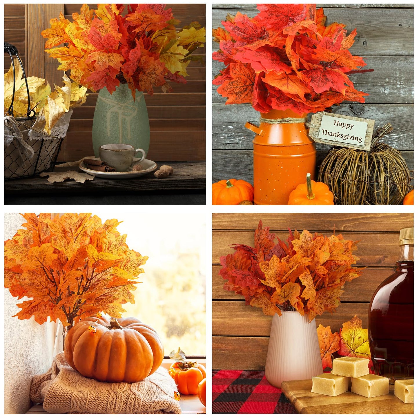 Tigeen 8 pcs Fall Leaves Artificial Maple Leaves Branches Thanksgiving Decoration for Table Bulk Autumn Leaf Picks Thanksgiving Centerpieces for Home Vase Fireplace Halloween Décor(Novelty Style)