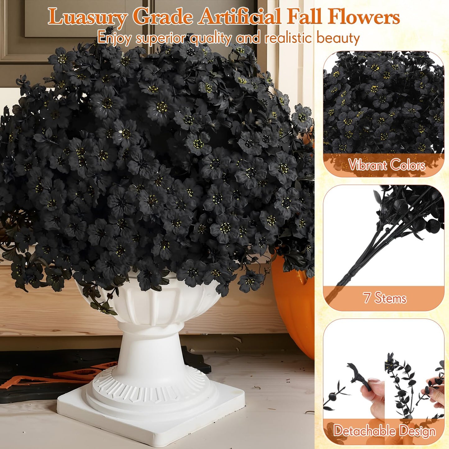 Giegxin 24 Bundles Halloween Artificial Flowers Outdoor Black Eucalyptus UV Resistant Outdoors Fake Plants Faux Plastic Flower for Hanging Planters Outside Porch Vase Home Window
