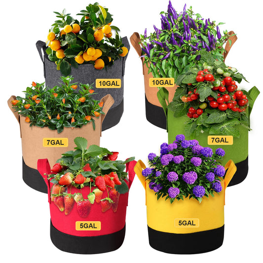 SouilGoal 6-Pack 5/7/10 Gallon Grow Bags - 350G Heavy Duty Fabric Pots with Handles, Multi-Size Planter Bags for Potatoes Tomatoes Vegetables Fruit Flowers Herbs