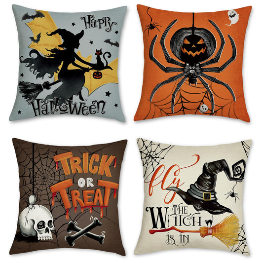 Bonhause Halloween Pillow Covers 18 x 18 Inch Witch Spider Skull Trick or Treat Decorative Pillows for Sofa Home Halloween Decor Set of 4