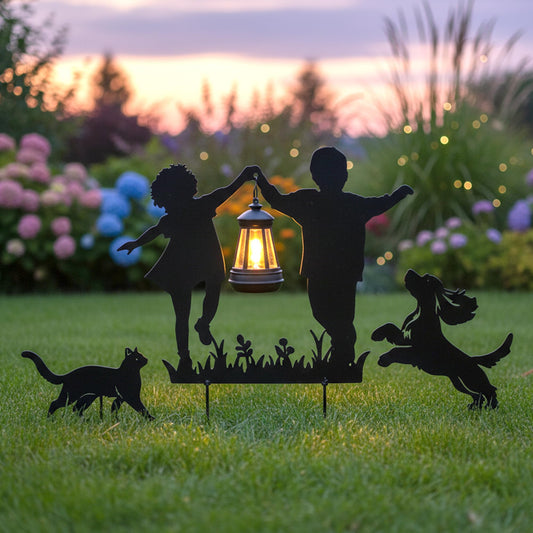 BVLFOOK Solar Garden Stakes with LED Lantern, Metal Silhouette Children and Pets Design, 12 x 4 x 10 Inches, Iron Construction, 3 Piece Set for Outdoor Yard Decor
