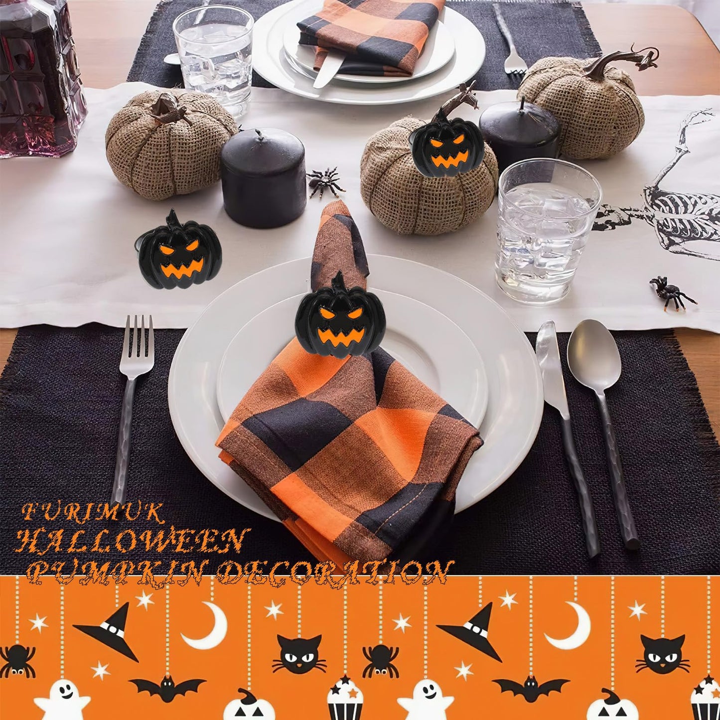 6 Pcs Halloween Napkin Rings Set Pumpkin Napkin Ring Holders Black Spooky Metal Alloy Serviette Buckles for Halloween Kitchen Dinner Table Party Decorations