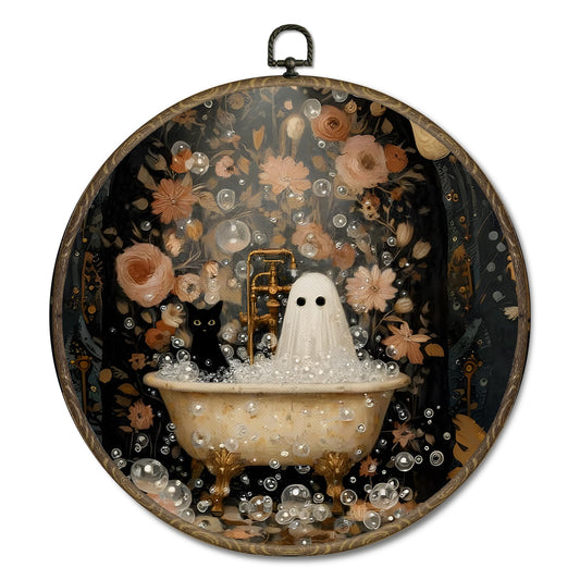 OINDADE Fall Halloween Ghost Cat Round Wall Art Decor, Vintage Moody Ghost Bathroom Wall Art Hanging Decor, Fall Halloween WallArt, Rustic GhostCat Framed Canvas Artwork for Bathroom Home, 10x10in