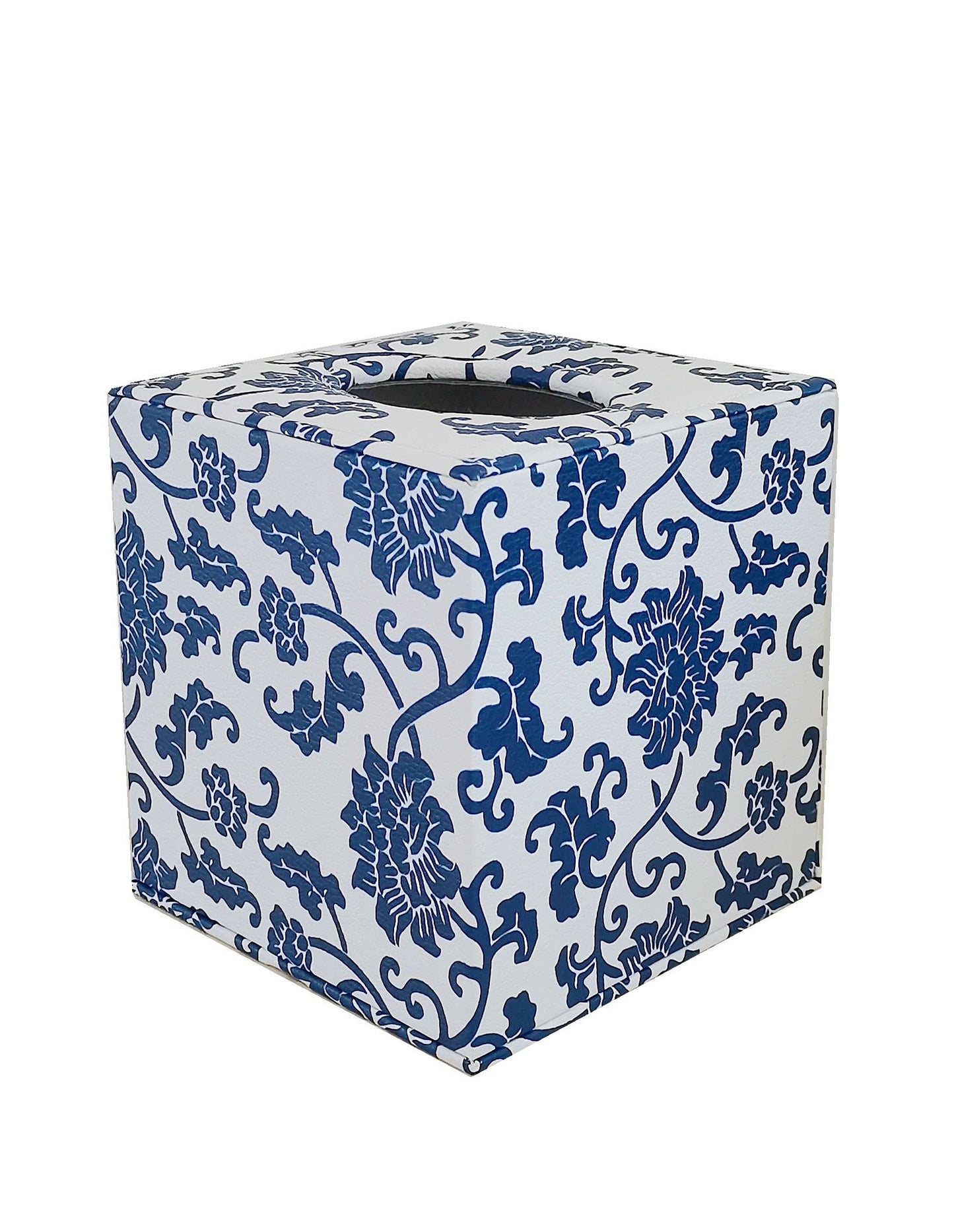 S Forever Home Decor Flower Pattern Faux Leather Tissue Box Cover (Square,Blue and White Porcelain)