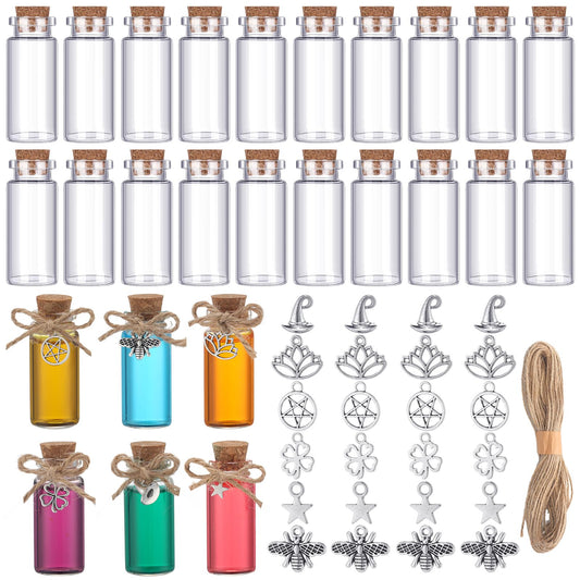 LemonRoad 24 Pcs Spell Jars for Witchcraft Small Tiny Glass Spell Potion Bottles with Cork and 24 Pendants Witchcraft Supplies Gifts Wishing Bottles with Rope for DIY Crafts