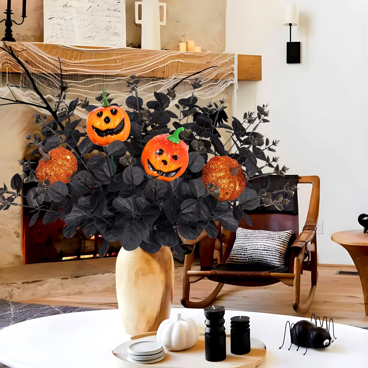 Yen Jean 12PCS Black Halloween Pumpkin Decorations Indoor Artificial Fake Flowers: Eucalyptus Branches Stems Table Centerpieces Decor