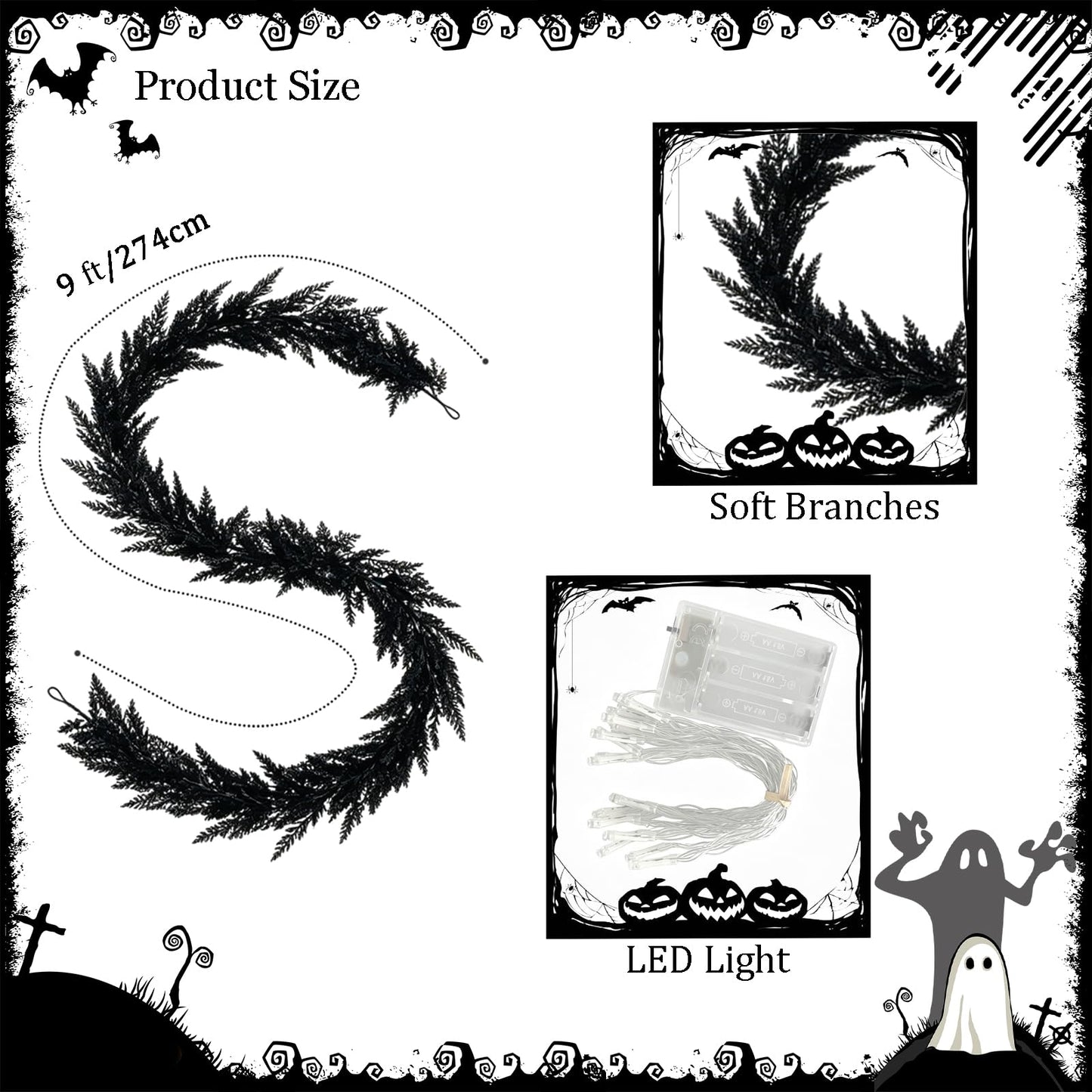 Xyalrax 9 FT Black Halloween Garland,Spooky Halloween Cedar Pine Garland Decoration with LED Light Faux Realistic Artificial Black Hanging Vine Twigs for Mantle Party (Black Halloween Garland)