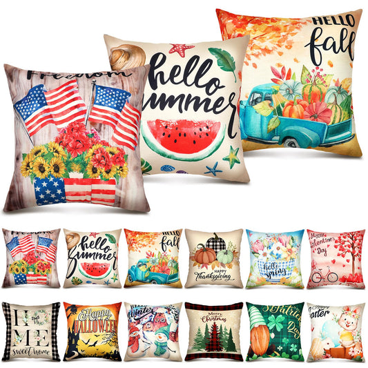Newwiee 12 Sets Holiday Pillow Covers 18 x 18 Inch Easter Spring Seasonal Throw Pillow Covers Square Canvas Pillowcase for Spring Summer Home Office Farmhouse Bench Couch Holiday Sofa Decor(Classic)