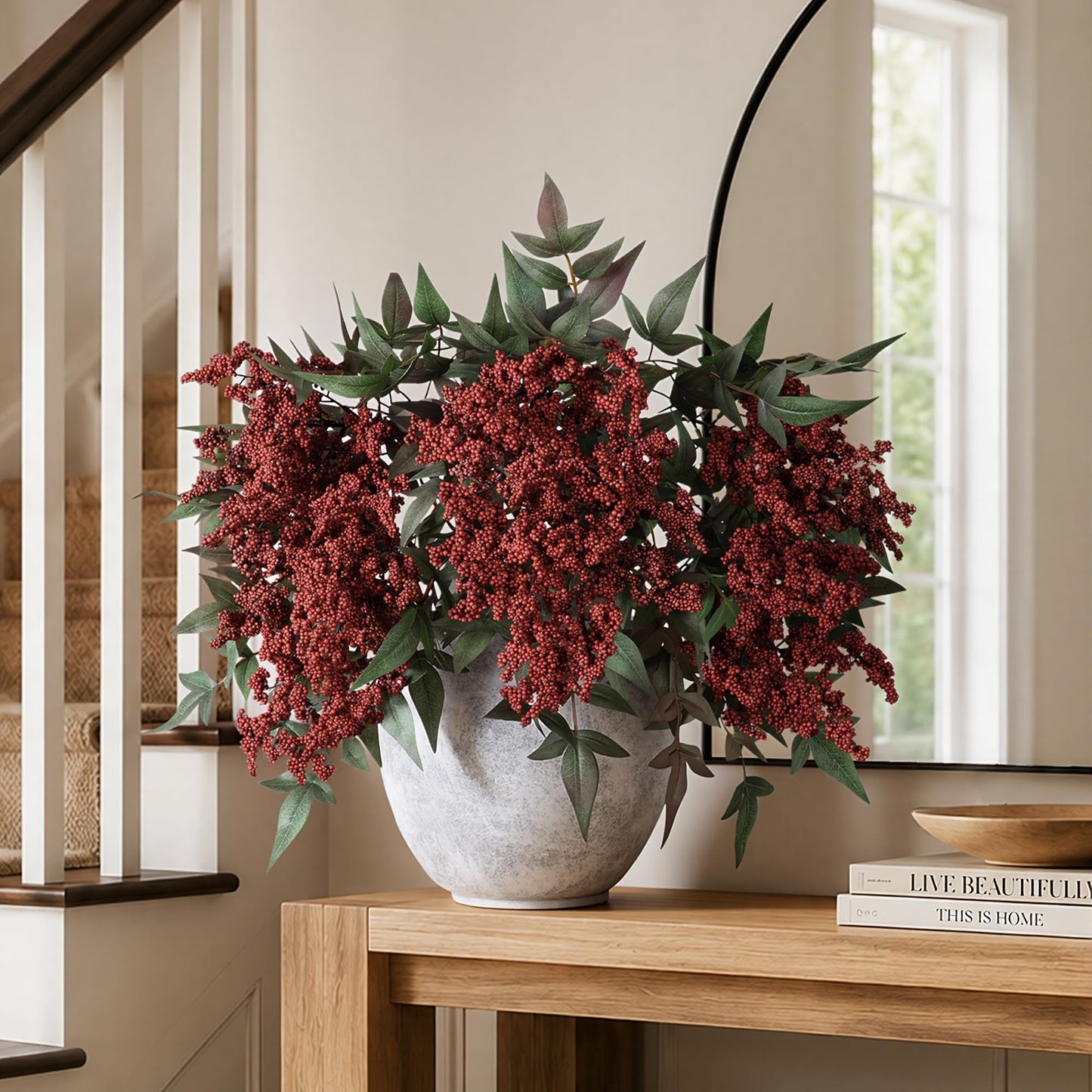 FancyPlus Artificial Flowers 35 Inch Artificial Nandina Berry Stem 3 Pcs Faux Flowers for Vase Realistic Sedum Spray for DIY Bouquet, Shower, Farmhouse, Mantel, Home Decor(Burgundy)