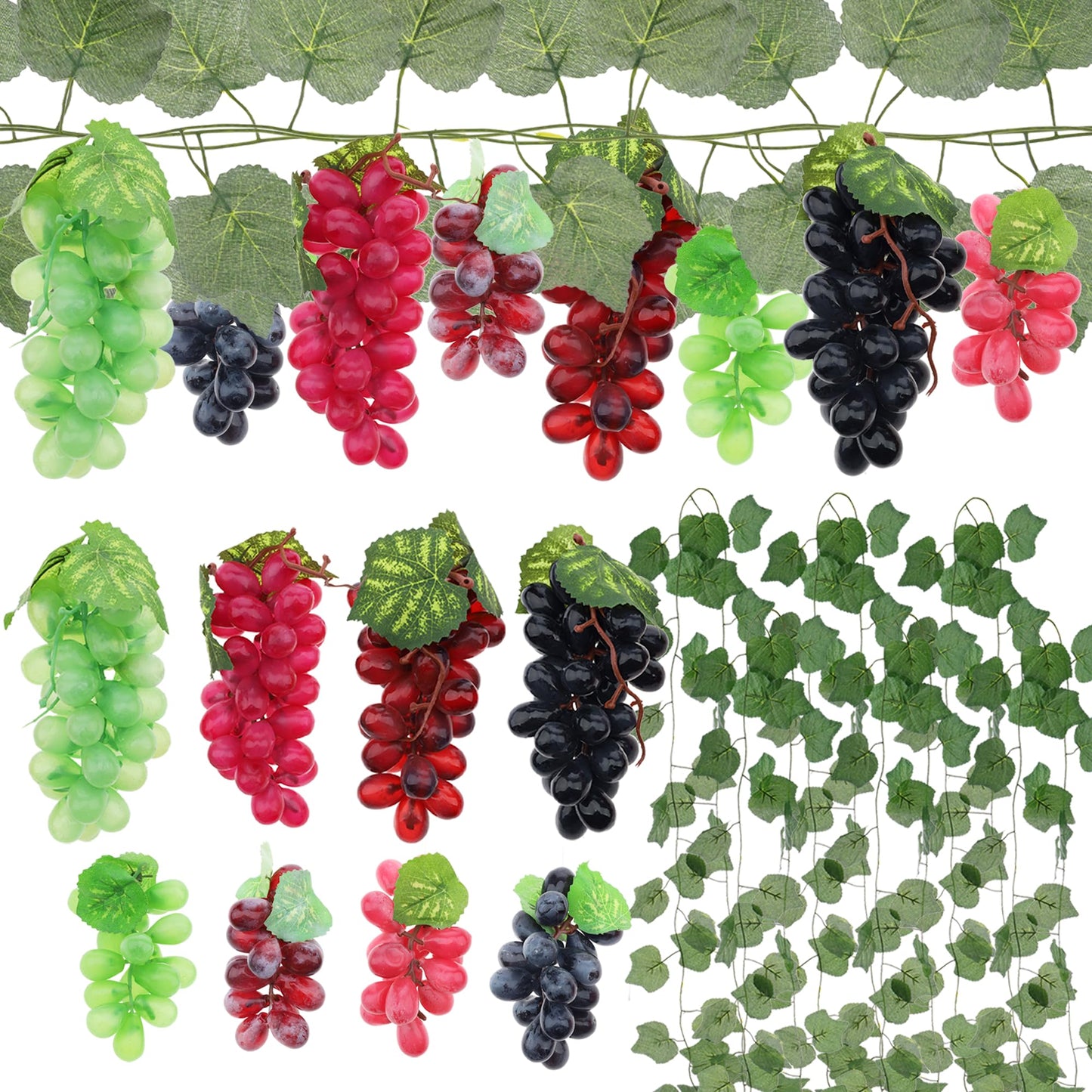 Quancru Artificial Grapes Leaves Vines 6 Strands & Fake Grape 8 Bunches Simulation Red Black Purple Green Fruit Photography for Indoor Outdoors Wedding Party Cabinet Garland Ornament Wall Decortion