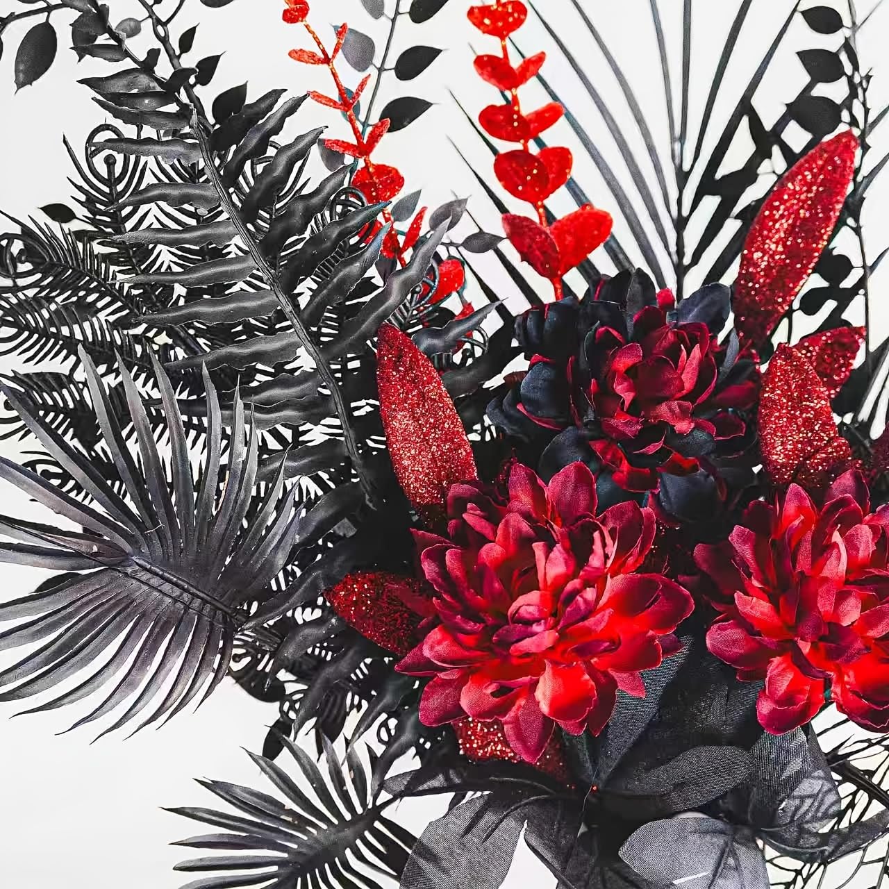 Gothic Black Red Artificial Flower Bouquets, 16-Stems Faux Silk Dahlia, Hollowed Foliage，Shining Eucalyptus Leaves, Dark Style, Themed Party，Bar Decoration，Halloween, Romantic Wedding (Without vases)
