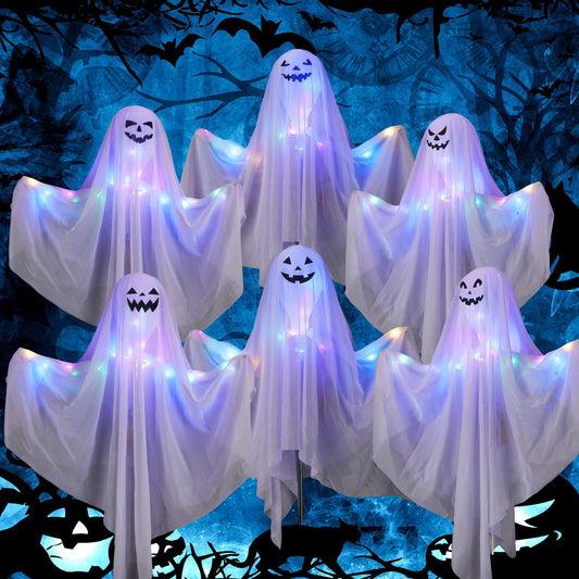 6 Pcs Halloween Outdoor Decorations Ghost Light Stakes 23'' Light up Ghost Yard Stakes Halloween Decor with Multicolored Lights for Lawn, Yard, Patio, Haunted House Decorations