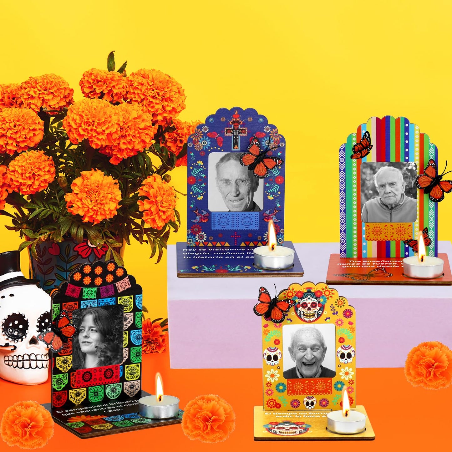 Dia De Los Muertos Decorations Picture Frames, Day of the Dead Altar with Candle, Marigold, Artificial Monarch Butterfly, Dia De Los Muertos Altar Kit Mini Sugar Skull Style Ofrenda Decorations