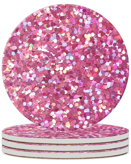 Pink Glitter Drink Absorbent Coaster,Cool Deisgn Ceramic Drink Coaster with Cork Base,Housewarming Gifts,Tabletop Protection Suitable for Kinds of Cups(Pack of 4)