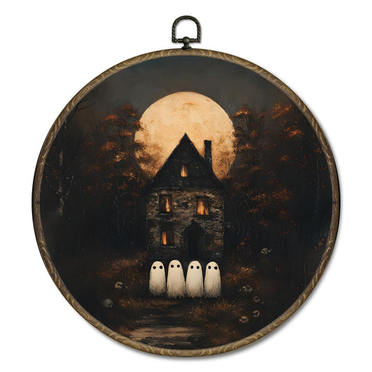 OINDADE Fall Ghost Halloween Round Wall Art Decor, Vintage Dark Moon House Ghost Wall Art Hanging Decor, Fall Halloween WallArt, Rustic Dark Spooky Framed Canvas Artwork for Home Living Room, 10x10in