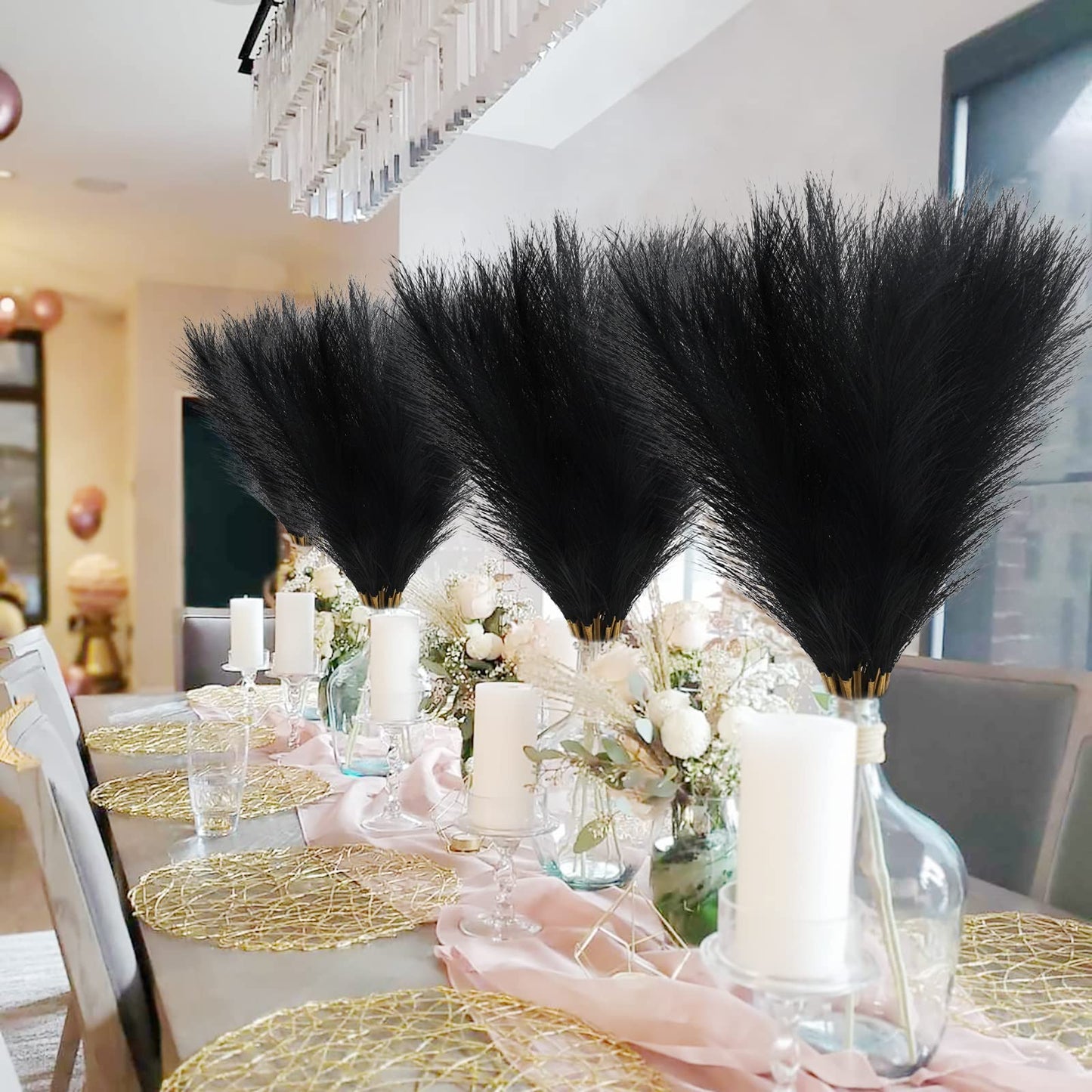 obbsie 50pcs Faux Black Pampas Grass, 21.6" Short Artificial Pompous Grass Floral Fake Pompas Grass Branches Vase Filler Flower Arrangement for Home Halloween Decor