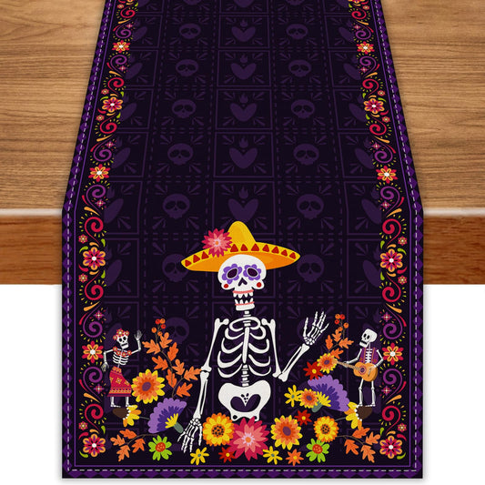 Day of The Dead Table Runner Dia De Los Muertos Tablecloth Mexican Halloween Sugar Skull Home Kitchen Dining Table Decorations 13x90 Inch