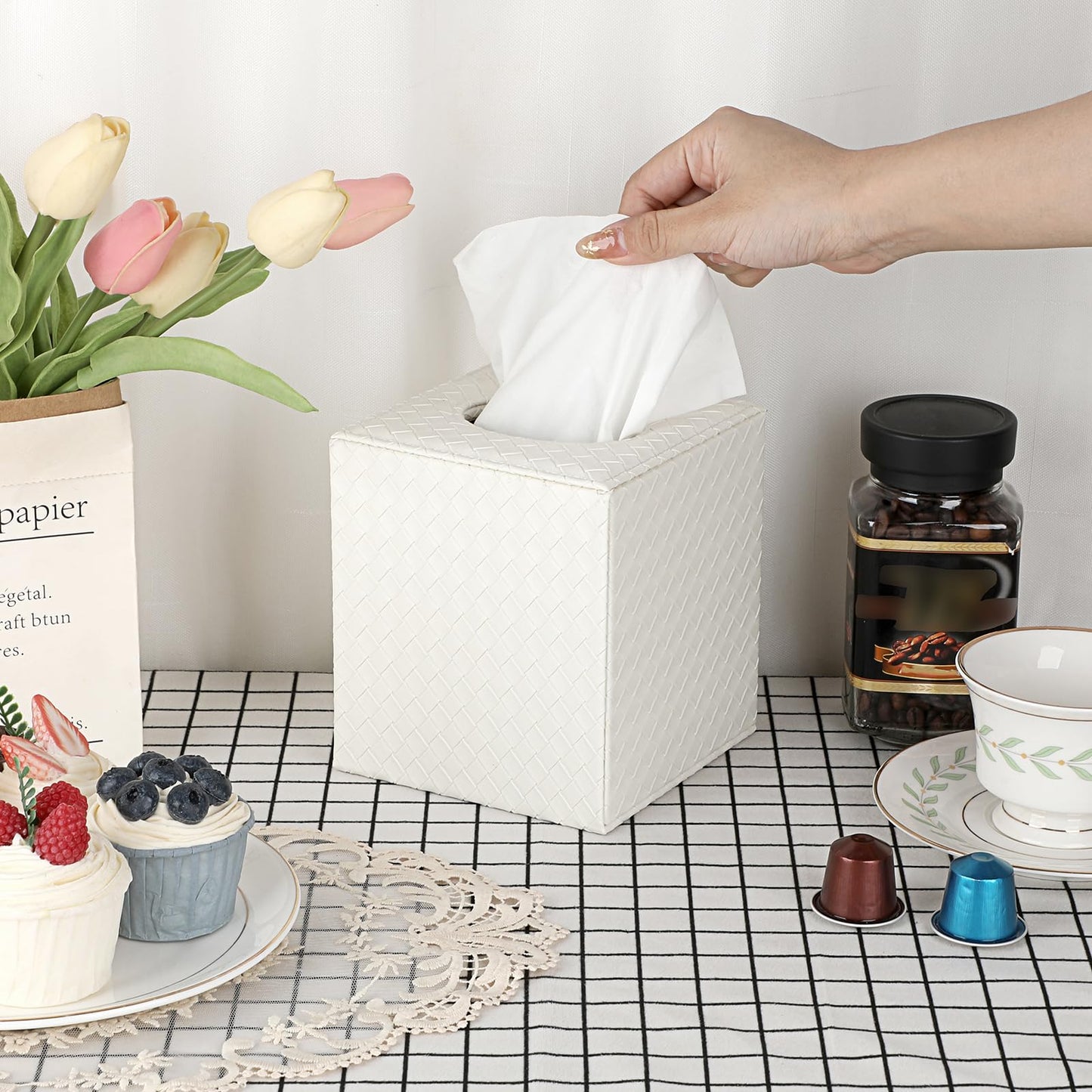 Sumnacon Tissue Box Cover Square Tissue Box Stylish PU Woven Lozenge Pattern Tissue Box Holder with Magnetic Bottom,Cube Leather Tissue Cover for Living Room Bathroom Table Desk Home Office Car,White