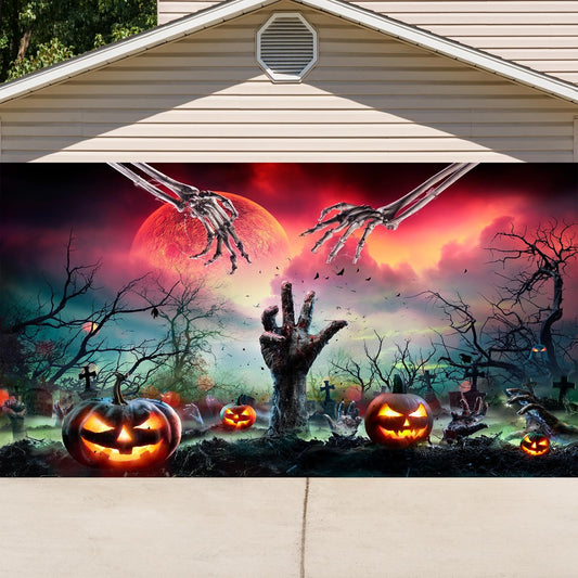 Halloween Hanging Backdrop Door Cover 7x16ft Large Halloween Garage Door Banner Decorations Scary Cemetery Graveyard Backdrop Horror Ghost Night Pumpkin Lantern Banner Outdoor Wall Background Décor