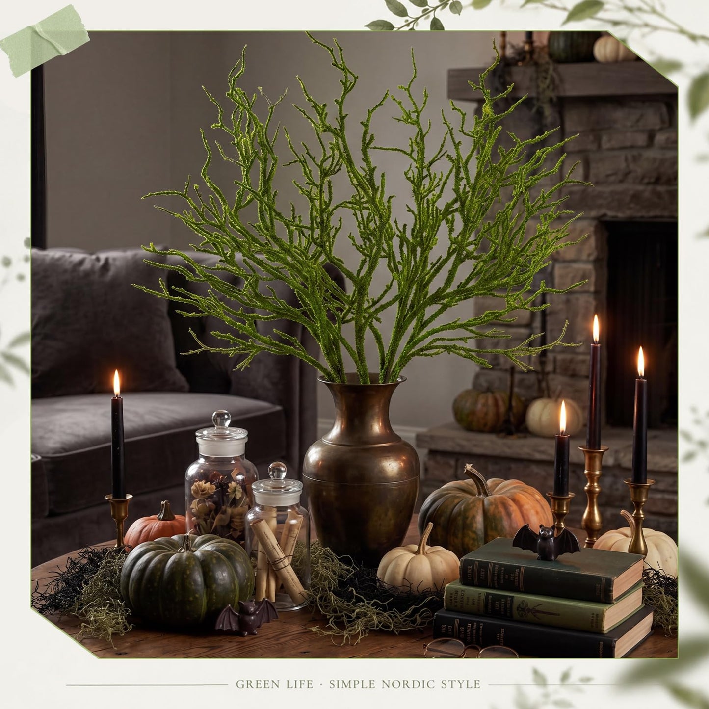 Giegxin 5 Pack 18 Inch Halloween Artificial Moss Branches Rustic Faux Greenery Twigs Bendable Fake Moss Stems for Vase Gothic Witchy Home Decor for Fall Spooky Table Centerpiece Decor