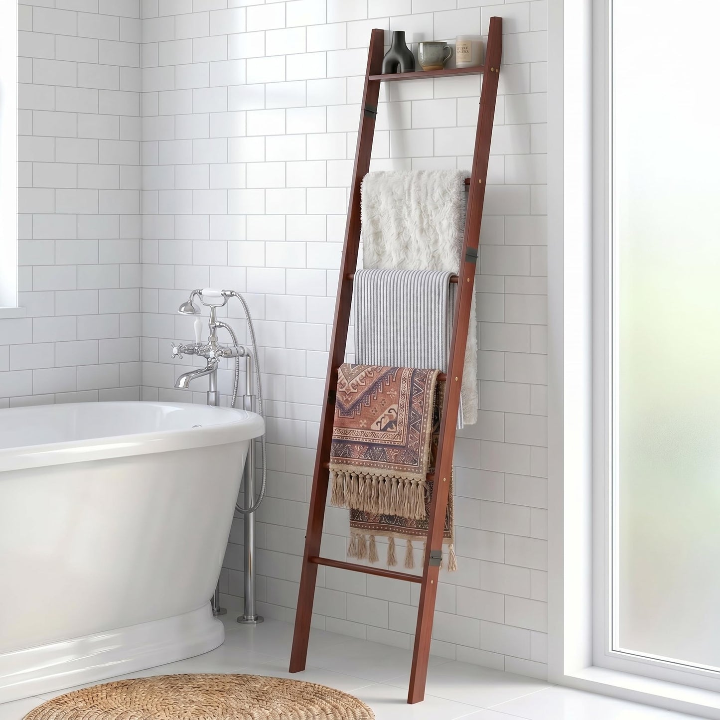 Plusinthebox 6 Tier Brown Blanket Ladder with Shelf, Wooden Blanket Rack for Living Room, Leaning Towel Ladder Rack for Bedroom, Bathroom, Quilts, Throws, Towels and Farmhouse Décor
