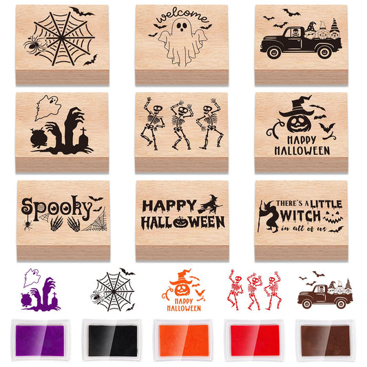 Whaline 9 Pcs Halloween Wooden Rubber Stamps with 5 Colors Ink Pads Spooky Ghost Skeleton Witch DIY Craft Stamps for Party Decor Scrapbooking Cards Making