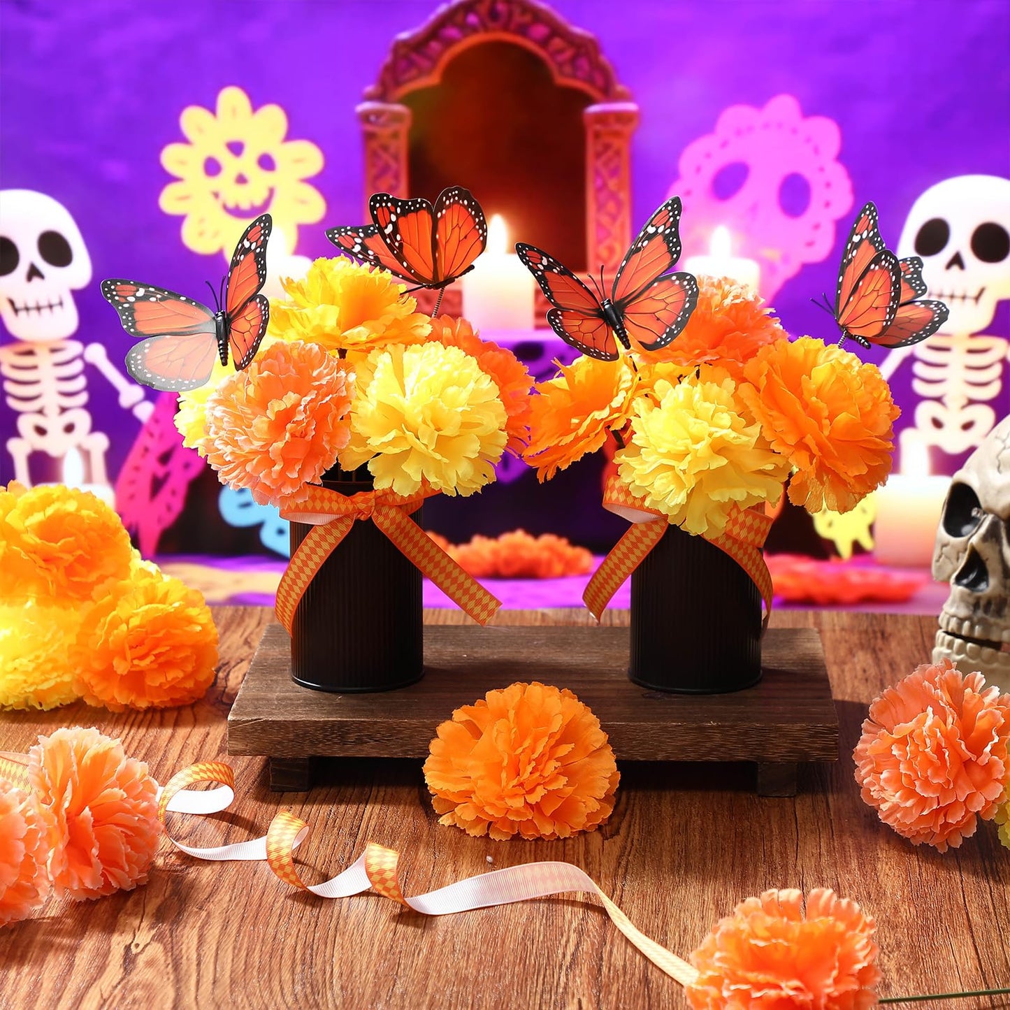 Reallnaive 55‬ Pcs Day of The Dead Altar Decorations Dia De Los Muertos Altar Decorations with Marigold Flower, Monarch Butterfly, Metal Pot and Ribbon for Mexican Day of The Dead Table Centerpiece