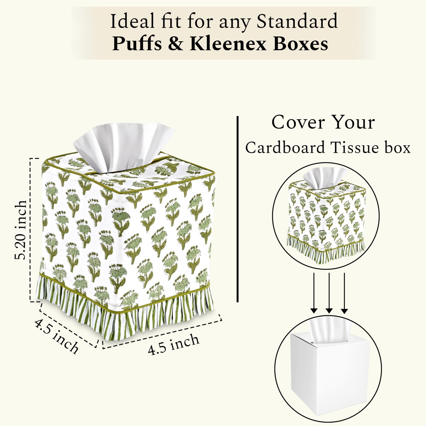 CPC Emerald Green Hand Block Print Cotton Ruffle Tissue Box Cover 4.5"x4.5"x5"Inch, Square Decorative Tissue Holder Cover for Bathroom, Living Room, Bedroom, Home Décor, Vanity, Car Gift for Summer
