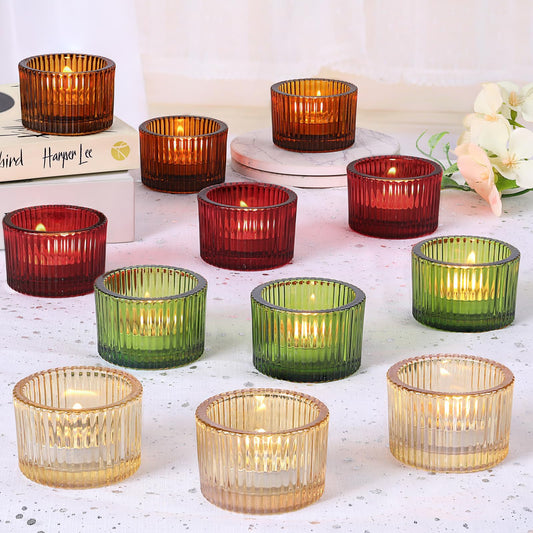 HAVITI 24 Pack Tealight Candle Holders, Multicolor Votive Tea Light Candle Holder Glass for Gold Centerpieces Fall Wedding Table Decor Home Decor