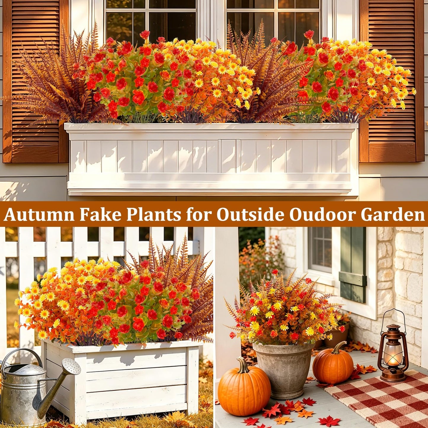 TURNMEON 12 Bundles Artificial Fall Flowers for Outdoors Fall Decorations, UV Resistant Fake Mums Faux Fall Plants Plastic Orange Boston Fern Eucalyptus Home Garden Porch Autumn Thanksgiving Decor