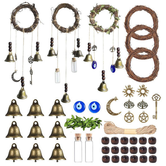 SHUANGART 44 Pcs Witch Bells DIY Kit for Door Knob, with Wreaths Protection Witch for Bell Witchy Decor Hanging Wall Home Bedroom Garden Witchcraft Decorations Witches Wind Chimes Decor Retro Color