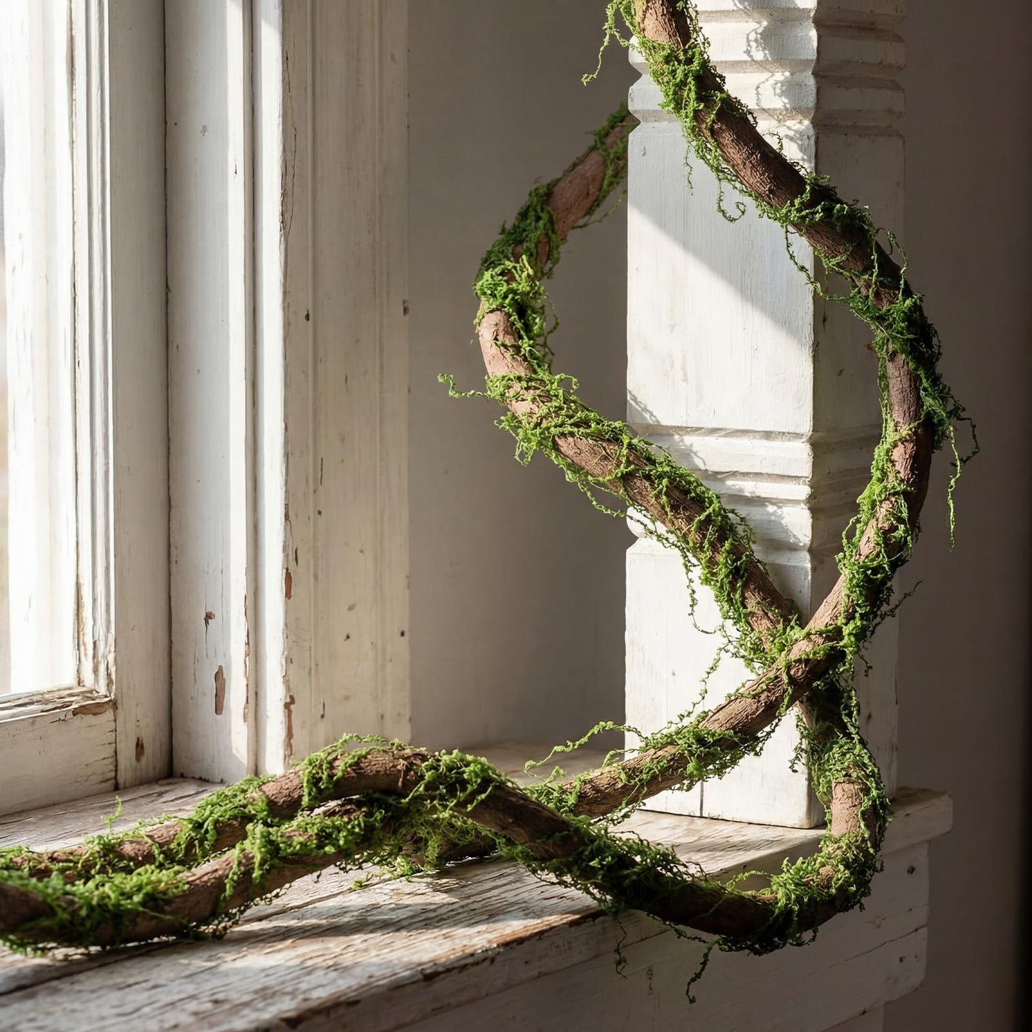 Janinka 2 Pcs 118in Large Bendable Artificial Tree Branches with Moss Enchanted Forest Decorations DIY Jungle Climber Vines Fake Moss Jungle Party Decor for Garden Landscape Reptile Habitat Decor