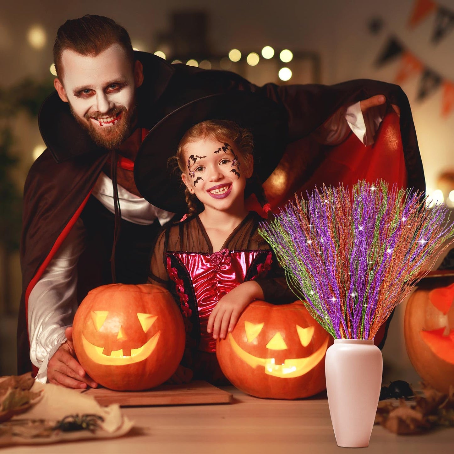 YBB 30Pcs Halloween Artificial Glitter Branches, 17 Inch Fall Stem Floral Picks Decorative Twigs for Halloween Thanksgiving Day Home Table Vase Decoration (Green&Purple&Orange)