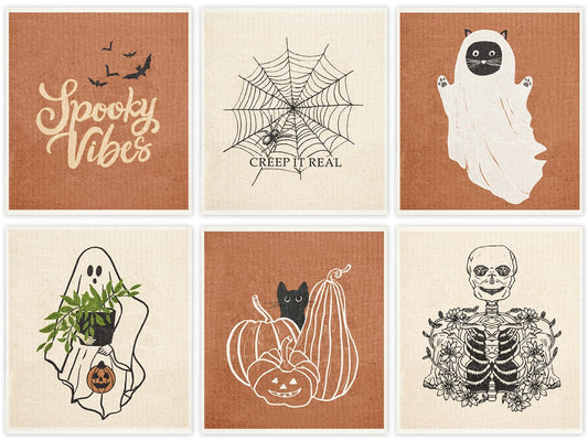 AnyDesign 6 Pcs Halloween Swedish Dishcloths Ghost Pumpkin Skeleton Kitchen Dish Towels Reusable Washable Scary Cotton Kitchen Towels for Baking Cooking Home Kitchen Decor, 6.7 x 7.7 Inch