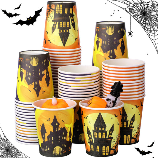 Rtteri 100 Pcs Halloween Disposable Paper Cups 9 oz Disposable Pumpkins Castle Cups for Adults Hot Cold Beverage Juice Snack and Drink Cup Coffee Cups Decoration Supplies for Halloween