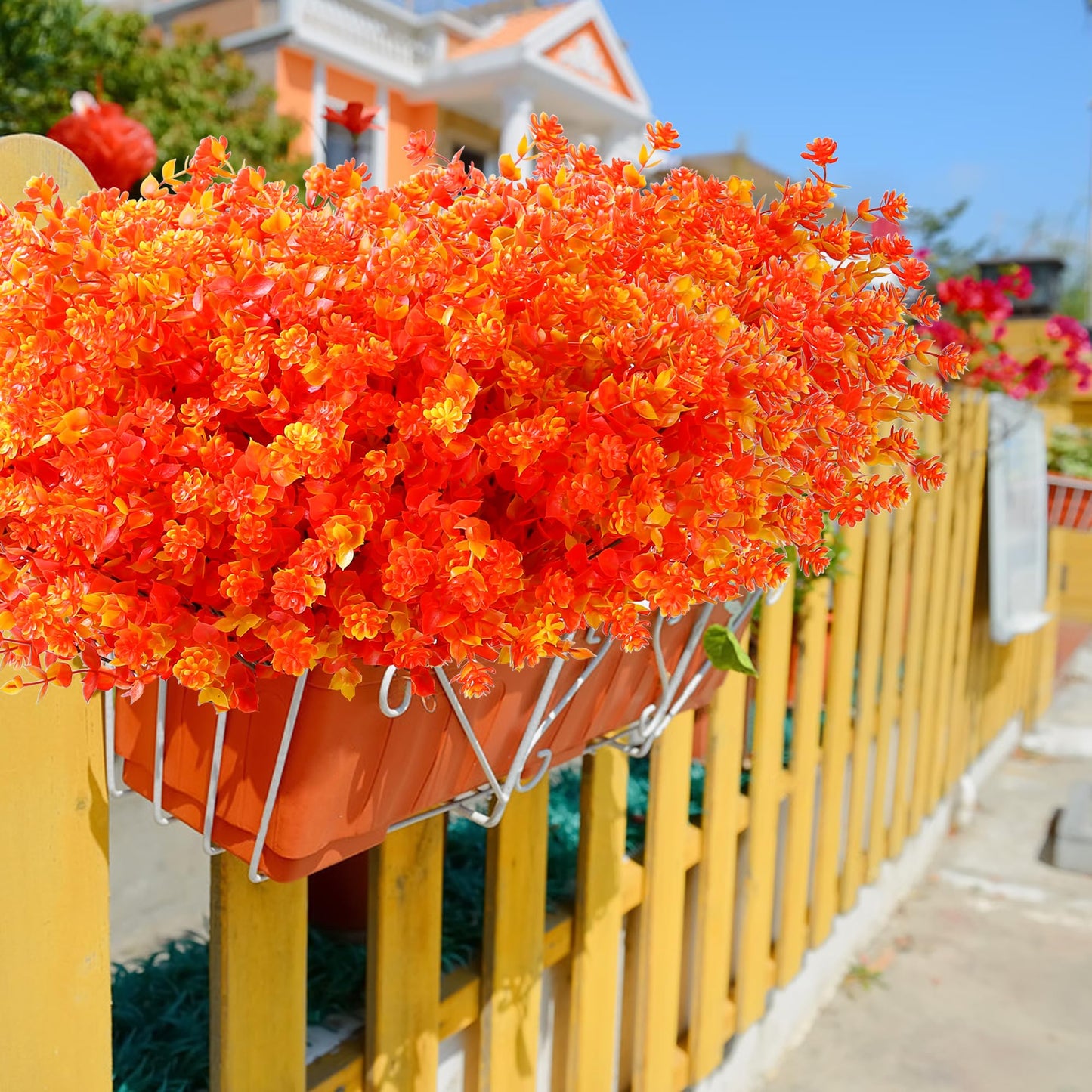 SITUMEIZI Artificial Mums for Outdoor Fall Flowers,Faux Flower Eucalyptus Leaves Fake Plants Greenery Outside Plastic Proch Patio Front Fall Halloween Thanksgiving Decorations(8Pcs,Orange)