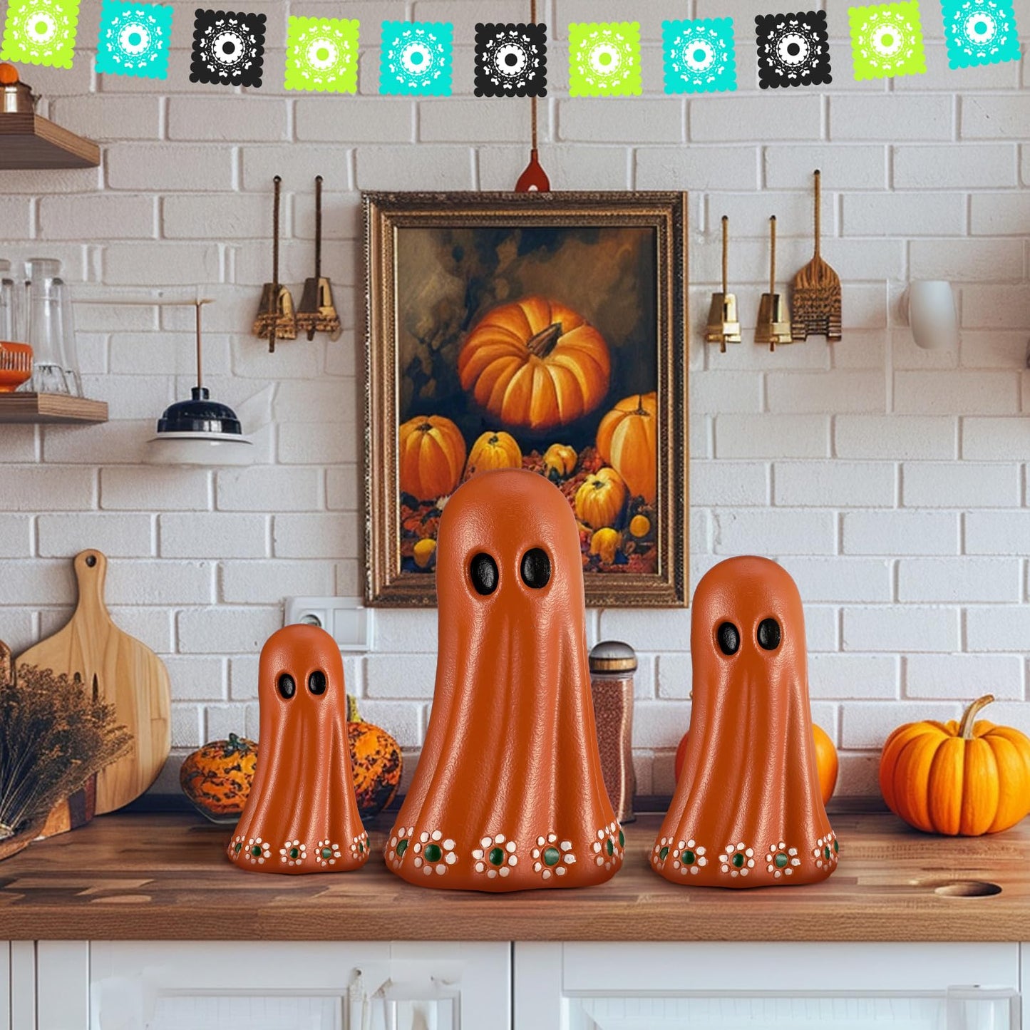 Geelin 3 Pcs Halloween Mexican Ghost Figurines Resin Halloween Muertos Terracotta Ghost Tabletop Decor Terracotta Floral Centerpiece for Mexican Xmas Home Decoration Indoor