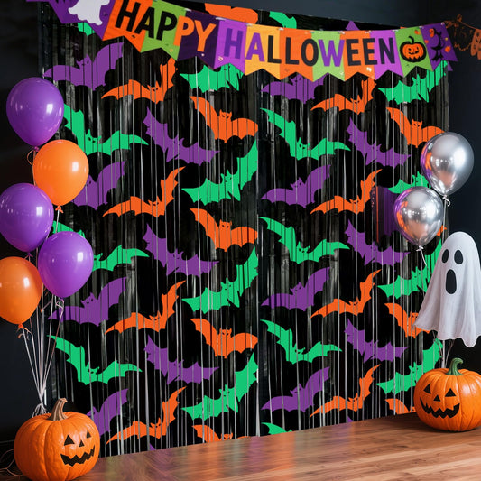 Ycitusi 2 Packs Bat Foil Fringe Curtains - Purple Orange Green Halloween Door Streamers for Photo Backdrop, 3.3 x 6.6 ft Tinsel Curtains for Beetlejuice, Monster or Neon Glow Party Decorations