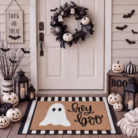 Tinideya 2 Pcs Halloween Door Mat Outdoor Hey Boo Ghost Welcome Doormats for Front Door Non Slip Ghost Coir Floor Mat Black White Stripe Halloween Rug for Entryway Front Porch Outside Decor