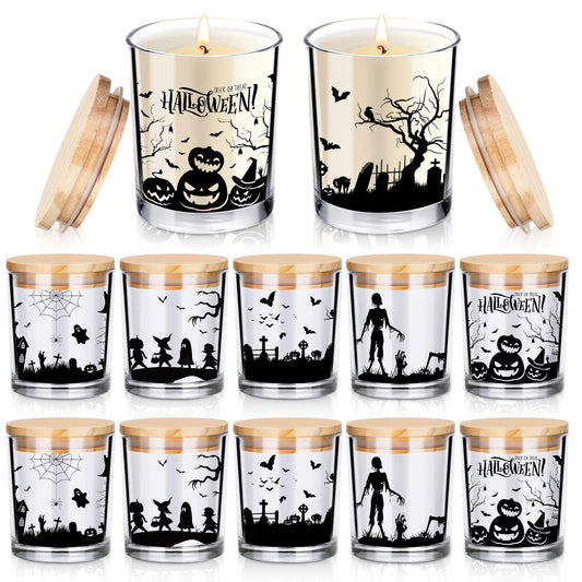 Ziliny 10 Pcs Halloween Village Glass Candle Jars Empty Containers Bulk 7 oz Halloween Glass Jars with Cork Lids Tins for Holiday Candle Making Storing Biscuits Tea Party Favors