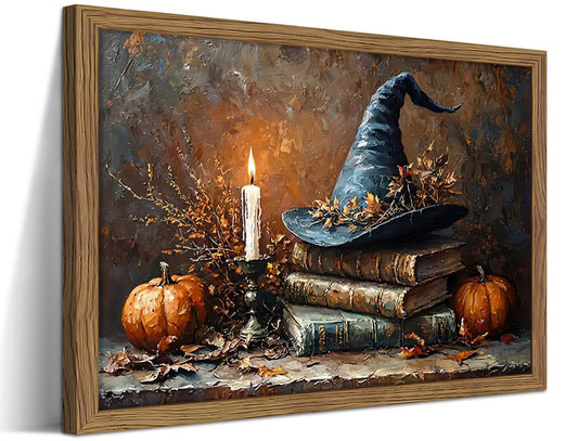 Vintage Halloween Wall Art, Fall Harvest Pumpkin Canvas Wall Decor Painting, Halloween Spooky Witch Hat Artwork Prints Pictures for Living Room Bedroom 12x16 Inch Wood Framed