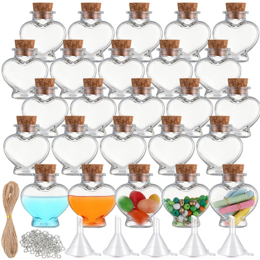 Bokon 50 Pack 1 oz Mini Plastic Bottles with Cork, Small Potion Bottles Tiny Clear Sand Art Jar Wishing Vial Bulk for Birthday Halloween Valentines Party DIY Crafts Gift (Heart)