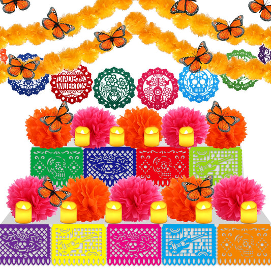Fulmoon 46 Pcs Day of The Dead Altar Decoration Dia De Los Muertos Decor Include 4 Marigold Garland 12 Flameless Candles 2 Mexican Banner 12 Monarch Butterfly 6 Marigold Flower Head 10 Paper Dollies