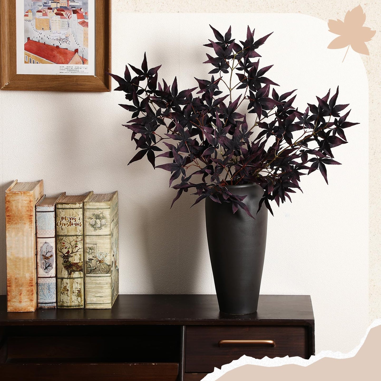 Janinka 29" Fall Artificial Japanese Maple Leaves Stem Fake Fall Maple Leaves Stem Autumn Faux Bushes for Vase Farmhouse Table Centerpiece Halloween Thanksgiving Decor 3 Pcs(Black Currant)