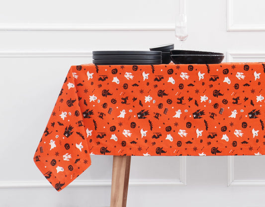 PurpleEssences Orange Black Halloween Tablecloth, Square Halloween Party Tablecloth Decoration, 52x52 Inch Machine Washable Cotton Table Cover, Haunted House