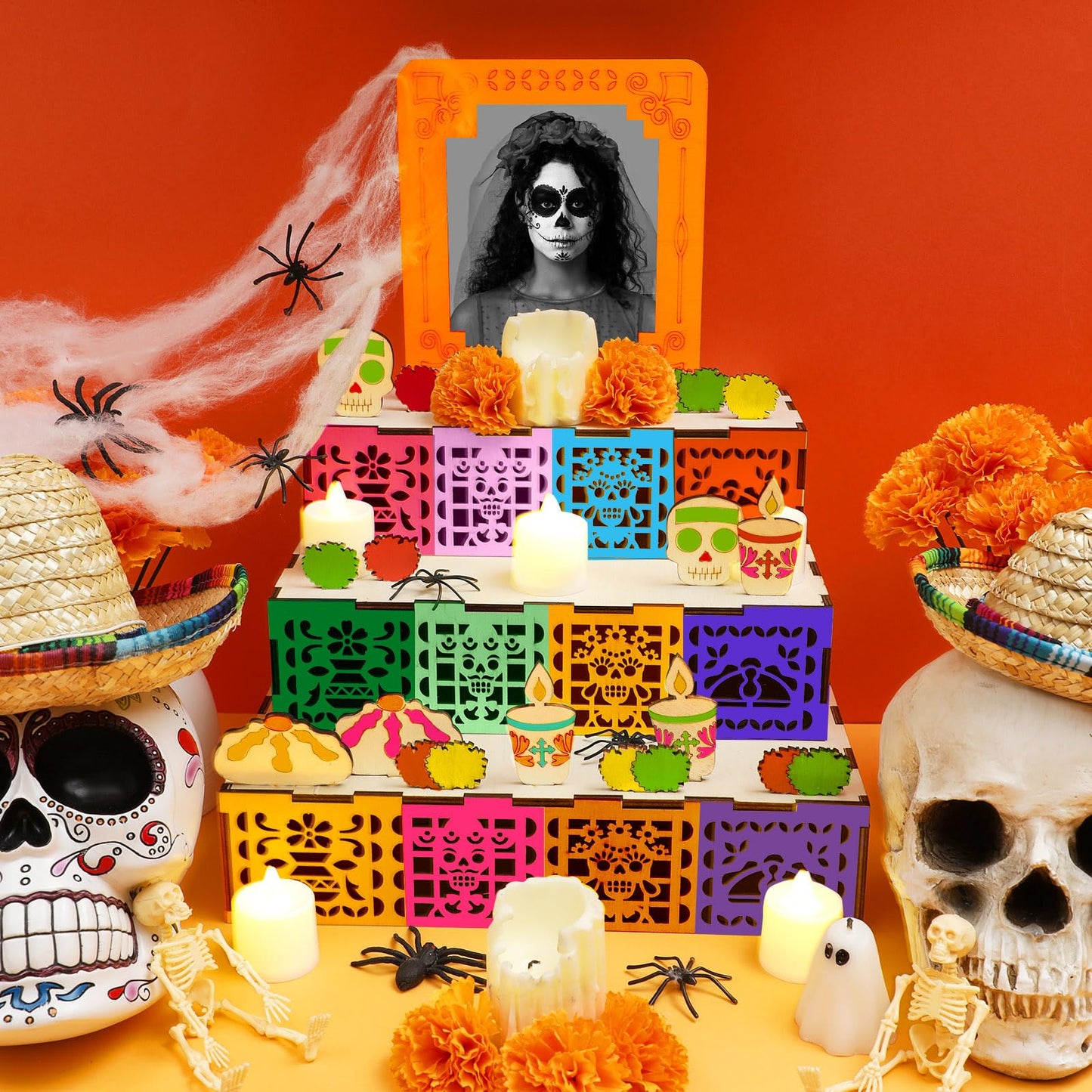 Geelin Dia De Los Muertos Altar Ofrenda Wooden Box with Painting Set DIY Wooden Day of Dead Decorations with Photo Frame Remembrance Memory Shadow Box for Home Halloween Party Gifts(Classic)