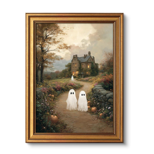 VIYYIEA Vintage Gold Framed Wall Art, Canvas Halloween Pictures Wall Decor, Rustic Landscape Painting Cute Ghost Artwork GFothic Artwork for Bedroom Bathroom Kitchen, 16 x 12 Inch